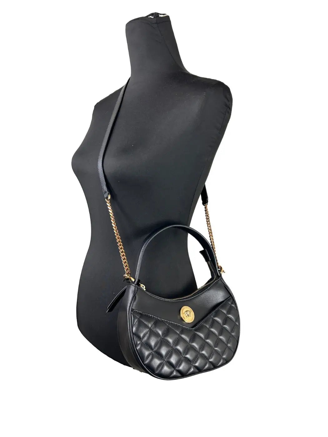 Versace Quilted Black Leather Half Moon Chain Crossbody Bag