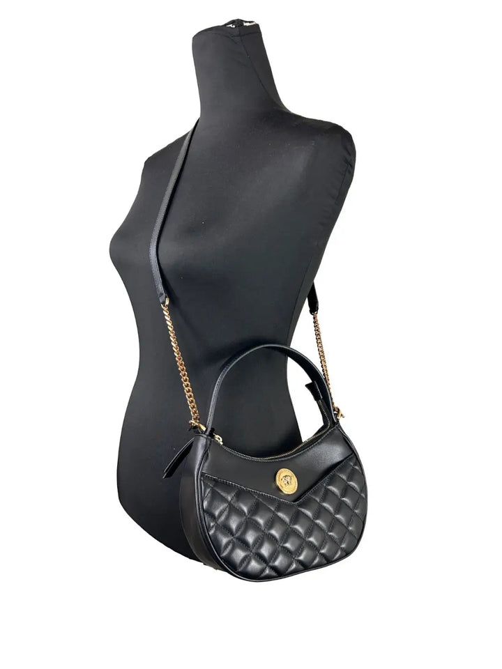 Versace Quilted Black Leather Half Moon Chain Crossbody Bag