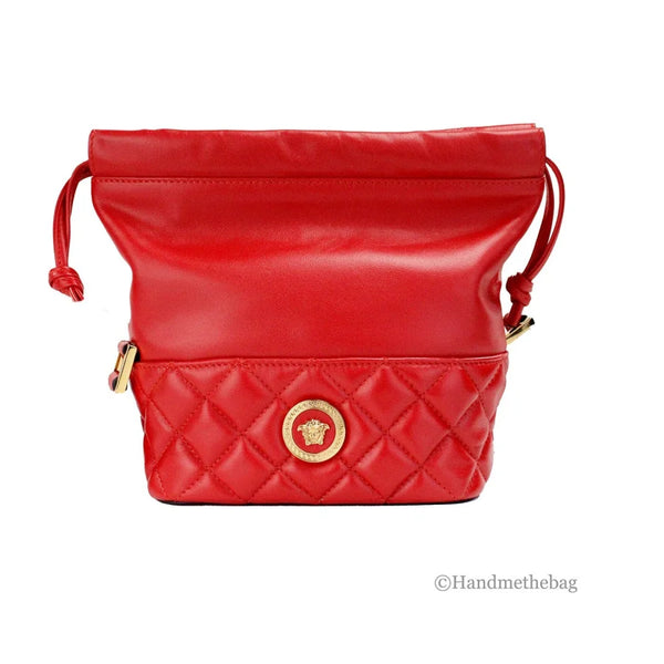 Versace - Red Quilted Leather Drawstring Shoulder Bag Bucket Crossbody Handbag