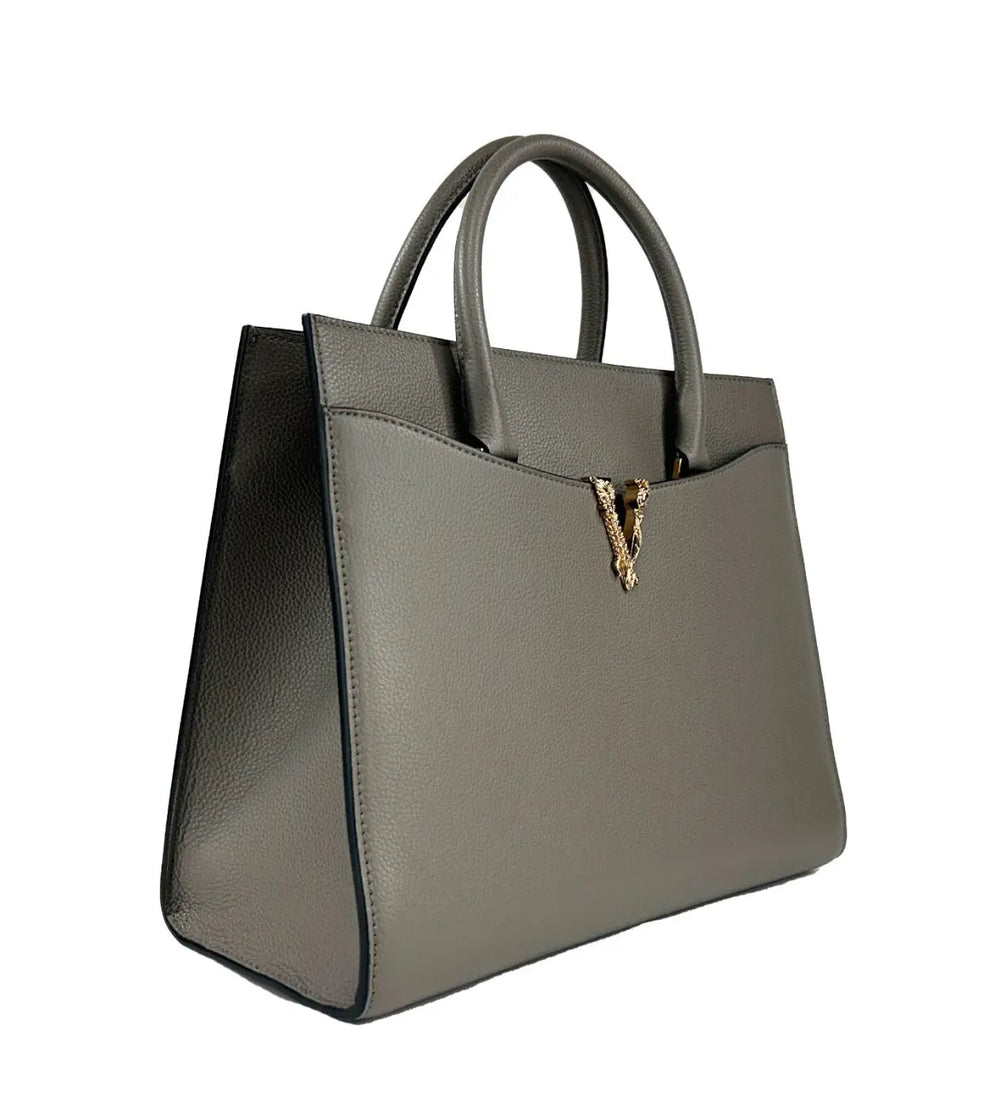 Versace - Virtus Large Leather Top Handle Satchel Bag Tote Gray