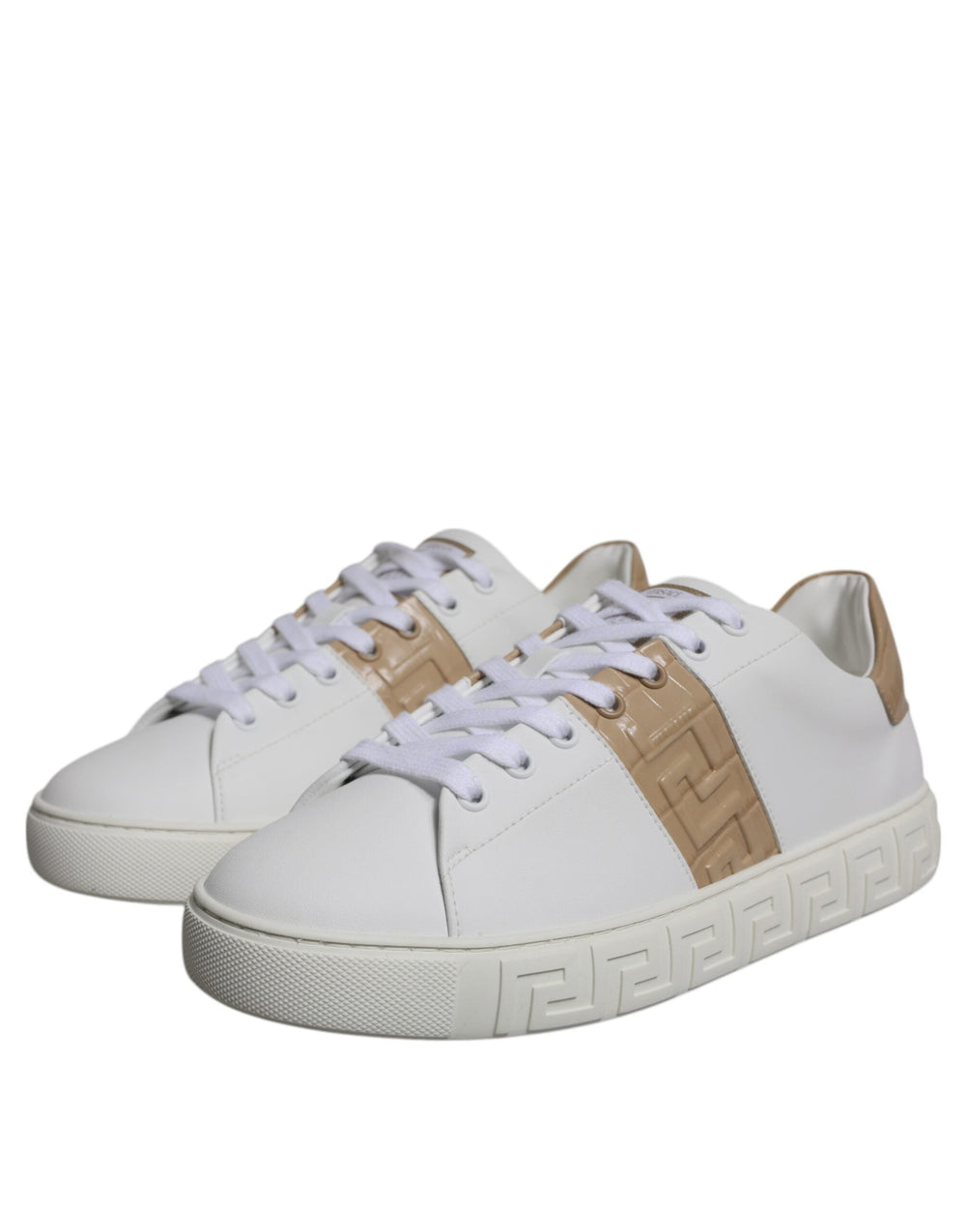 Versace White Brown Greca Print Tpu Low Top Men Sneakers Shoes