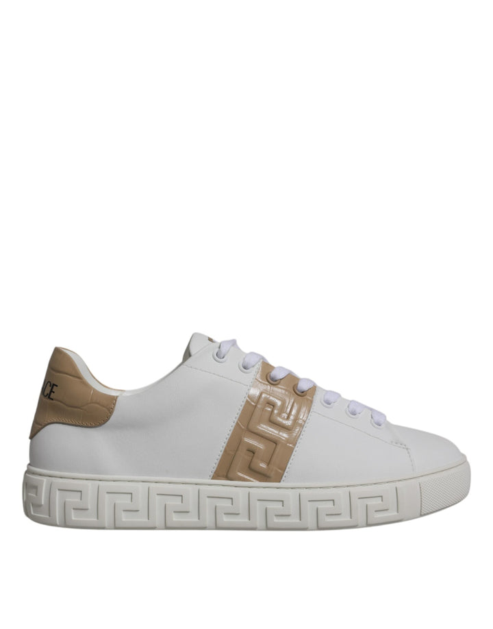 Versace White Brown Greca Print Tpu Low Top Men Sneakers Shoes