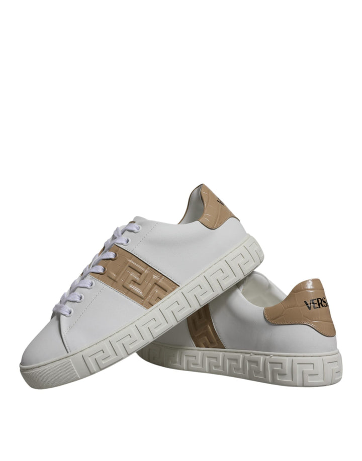 Versace White Brown Greca Print Tpu Low Top Men Sneakers Shoes