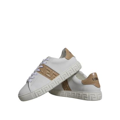 Versace White Brown Platform Sneakers with Signature Greca Detailing
