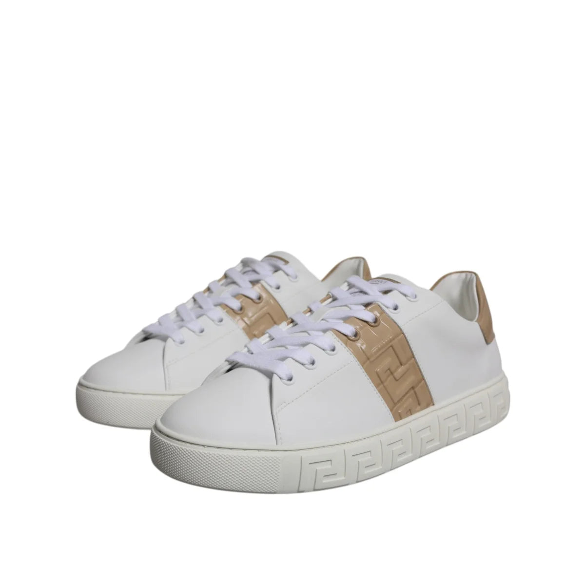 Versace White Brown Platform Sneakers with Signature Greca Detailing