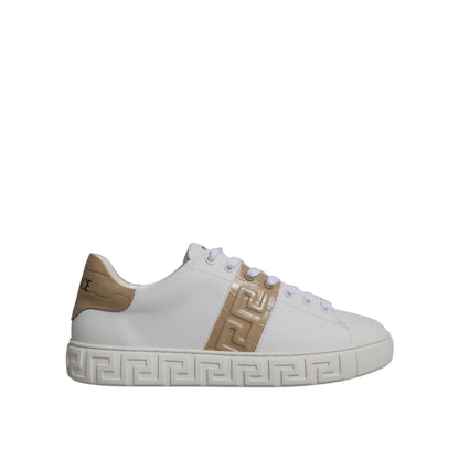 Versace White Brown Platform Sneakers with Signature Greca Detailing