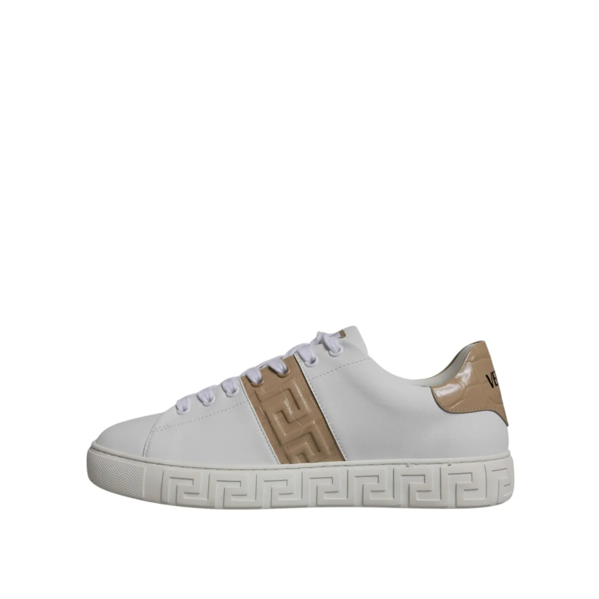 Versace White Brown Platform Sneakers with Signature Greca Detailing