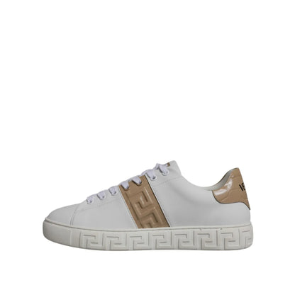 Versace White Brown Platform Sneakers with Signature Greca Detailing