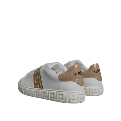 Versace White Brown Platform Sneakers with Signature Greca Detailing