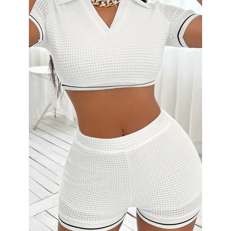 Waffle-Knit Collared Neck Cropped Top and Shorts Set Trendsi