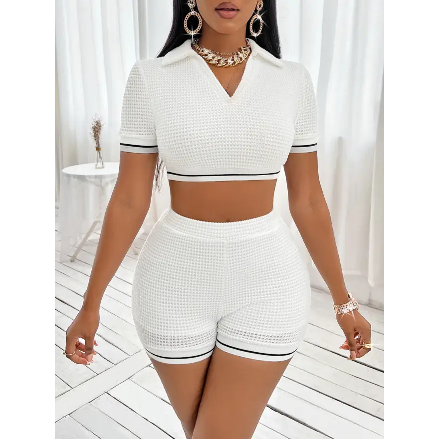 Waffle-Knit Collared Neck Cropped Top and Shorts Set Trendsi