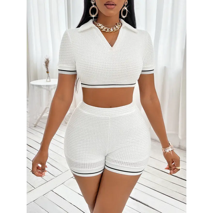 Waffle Knit Collared Neck Cropped Top and Shorts Set Trendsi