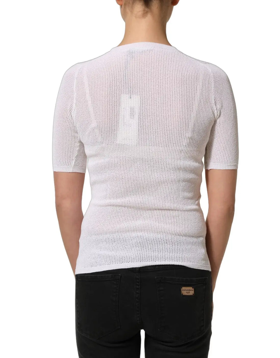 Women’s Alpha Studio White Floral Lace Knit Fabric Short Sleeves Blouse Top