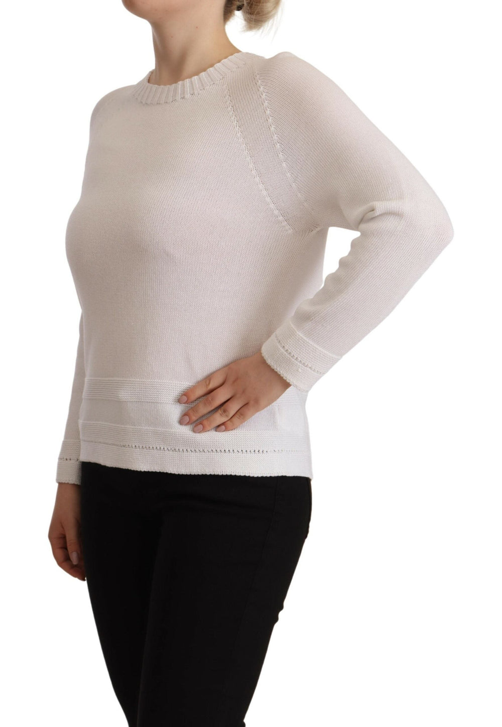 Women’s Alpha Studio White Long Sleeves Crewneck Pullover Sweater