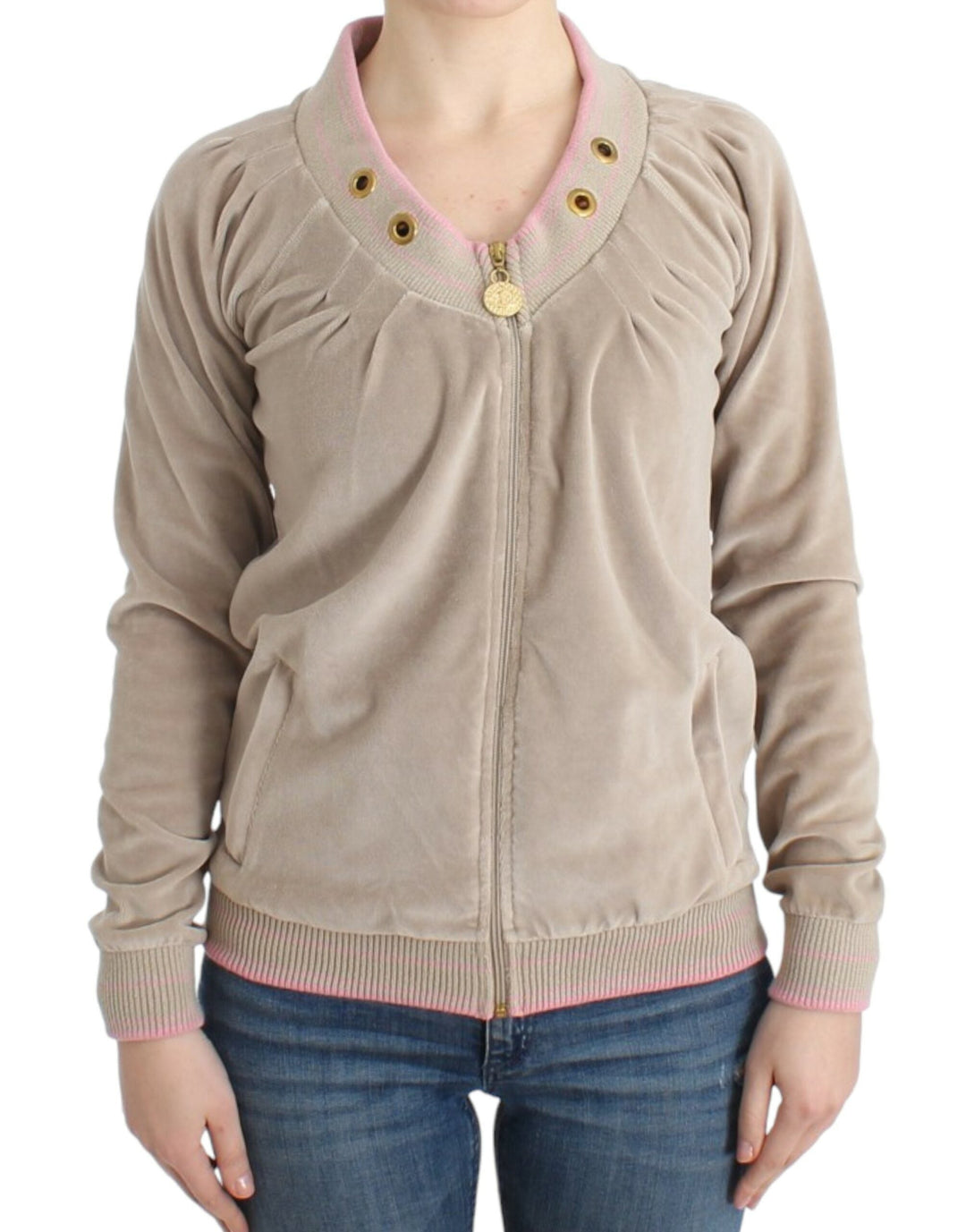 Women’s Cavalli Beige Velvet Zipup Sweater