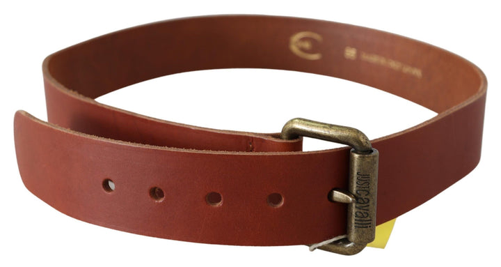 Women’s just Cavalli Brown Leather Logo Bronze Rustic Metal Buckle Belt