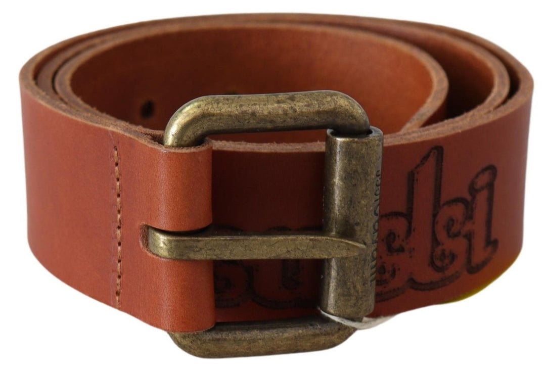 Women’s just Cavalli Brown Leather Logo Bronze Rustic Metal Buckle Belt