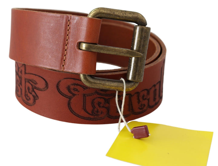 Women’s just Cavalli Brown Leather Logo Bronze Rustic Metal Buckle Belt