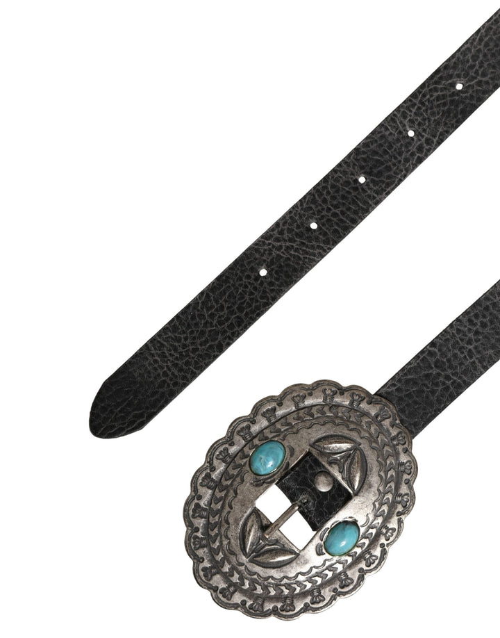 Women’s Cavalli Class Black Turquoise Leather Embellished Oval Buckle Belt