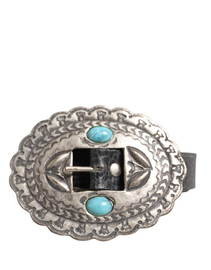 Women’s Cavalli Class Black Turquoise Leather Embellished Oval Buckle Belt
