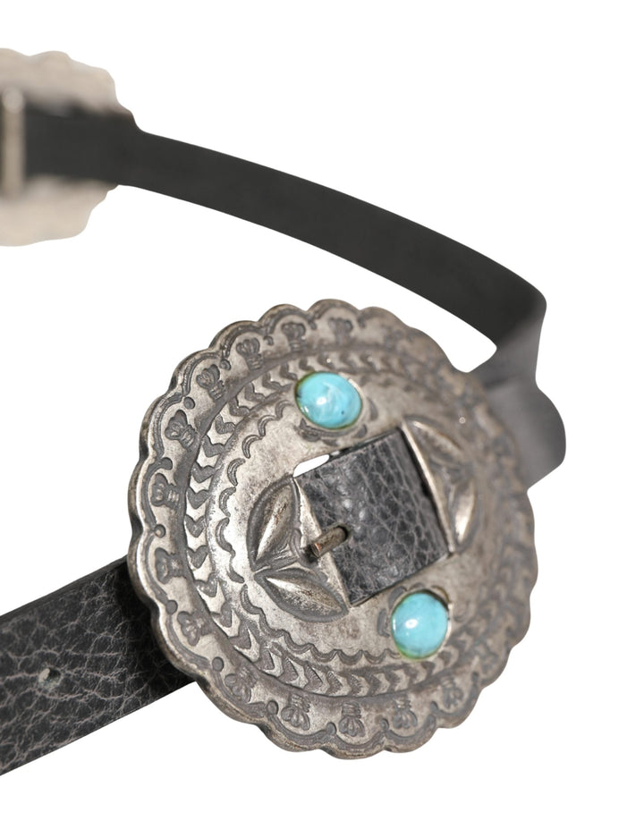 Women’s Cavalli Class Black Turquoise Leather Embellished Oval Buckle Belt
