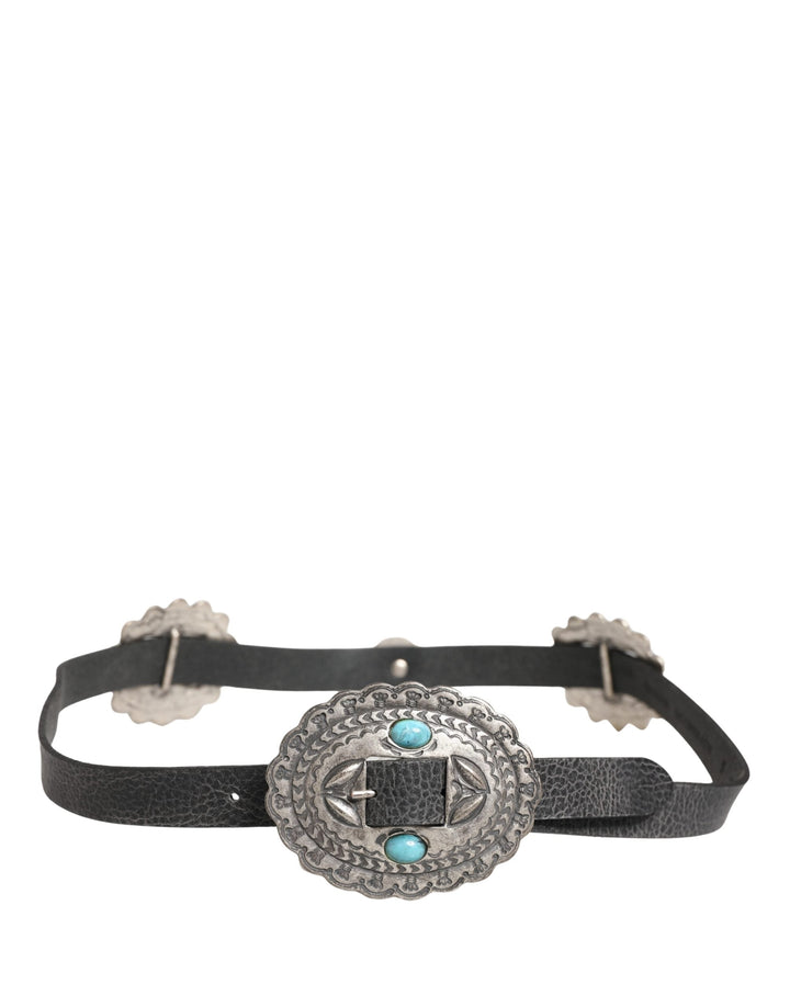Women’s Cavalli Class Black Turquoise Leather Embellished Oval Buckle Belt