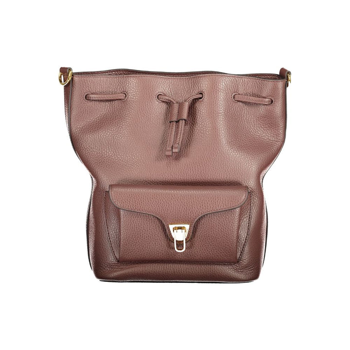 Women’s Coccinelle Brown Leather Bag with Drawstring Twist Closure and Pocket