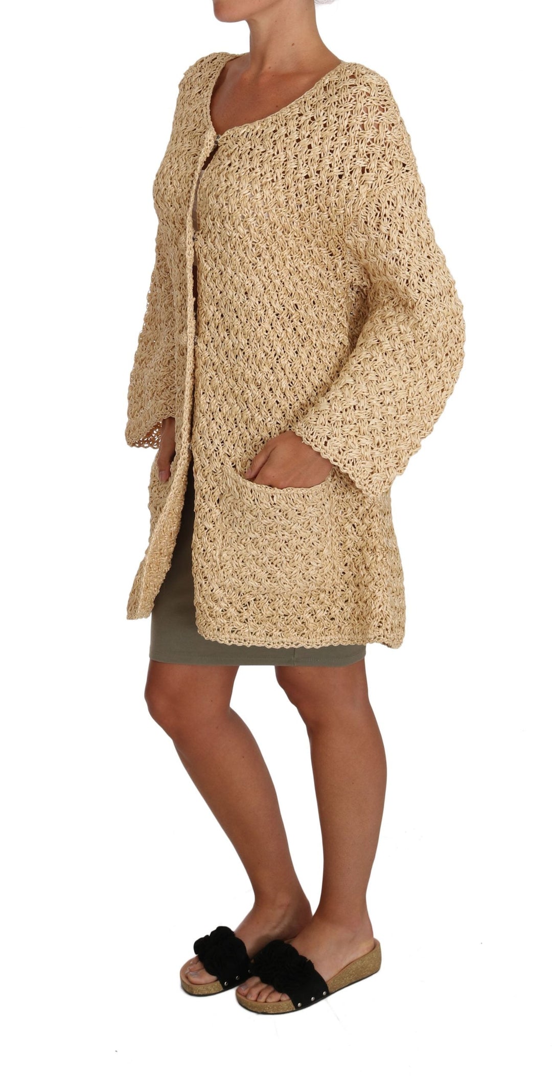 Women’s Dolce &amp; Gabbana Beige Cardigan Crochet Knitted Raffia Sweater