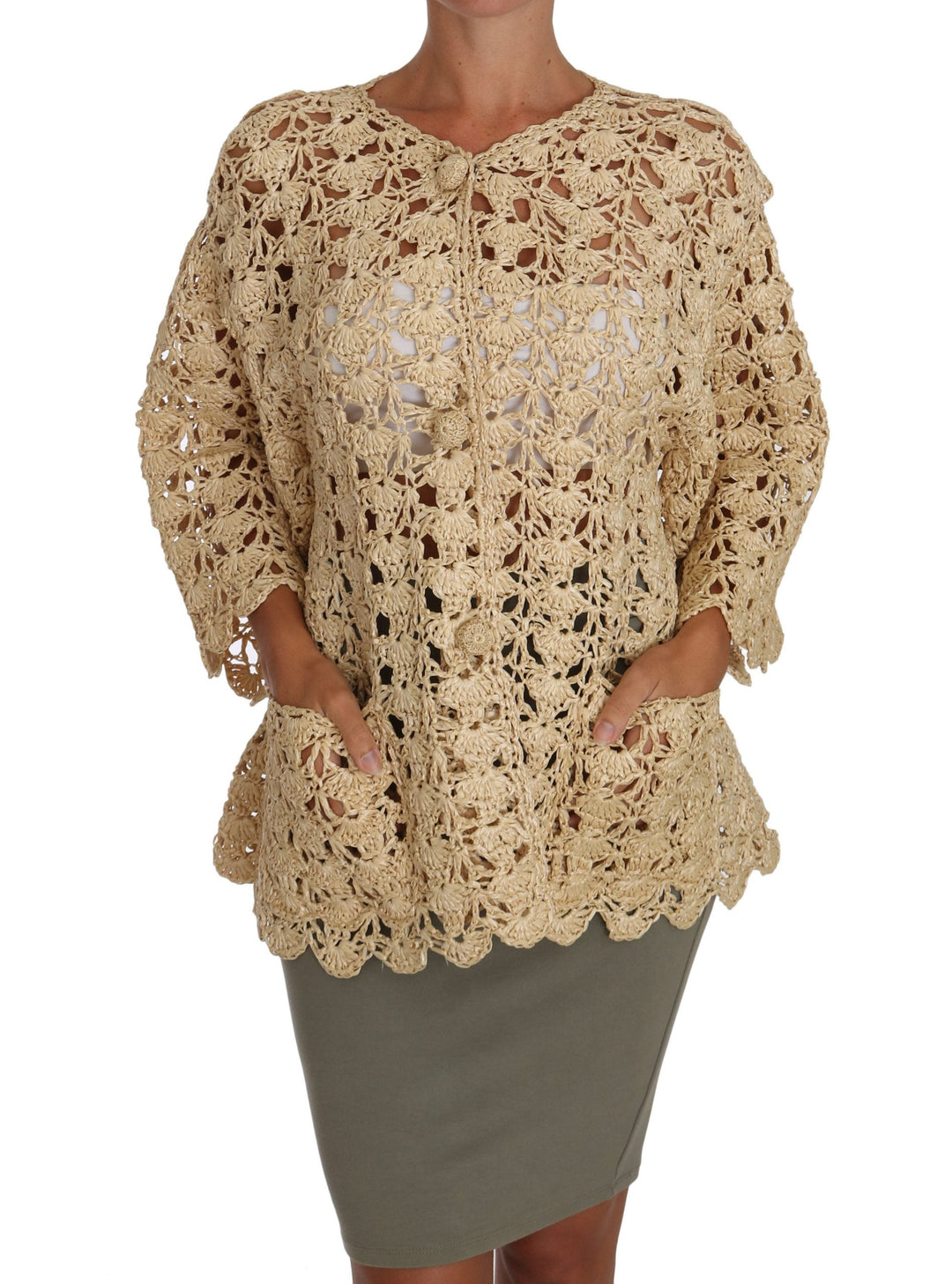 Women’s Dolce &amp; Gabbana Beige Cardigan Crochet Knitted Raffia Sweater