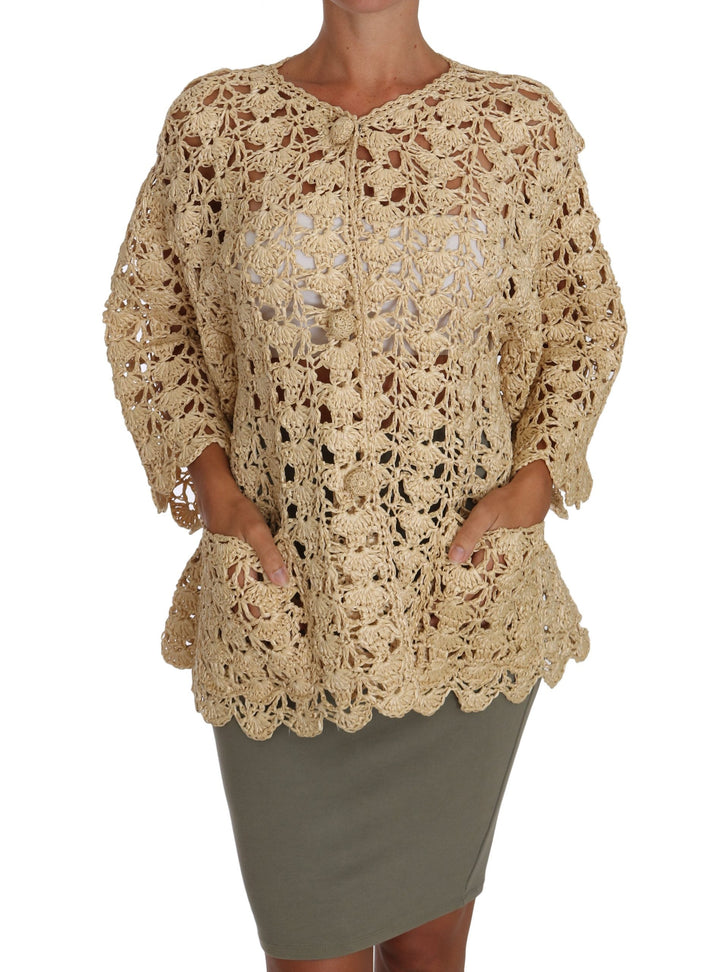 Women’s Dolce &amp; Gabbana Beige Cardigan Crochet Knitted Raffia Sweater