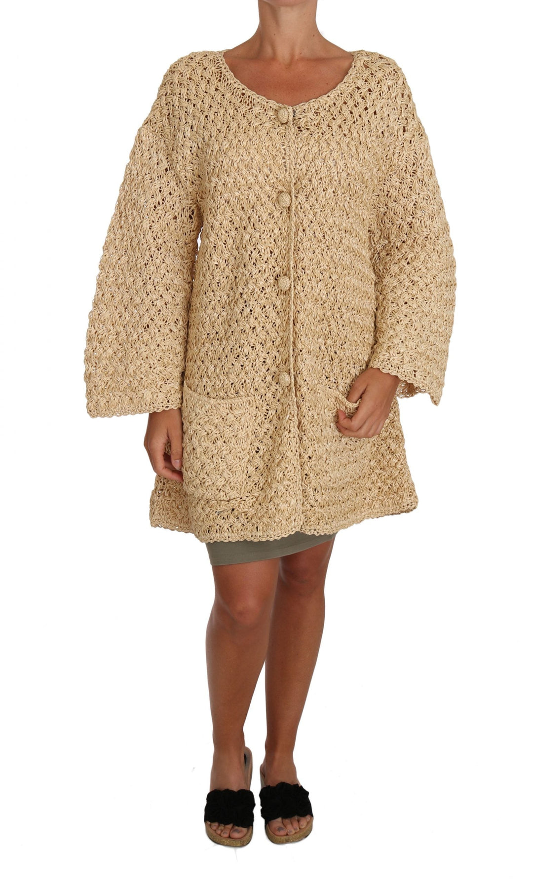Women’s Dolce &amp; Gabbana Beige Cardigan Crochet Knitted Raffia Sweater