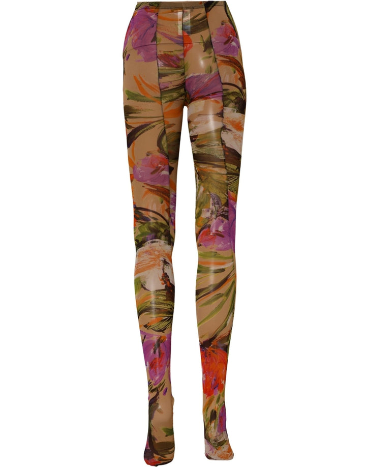 Women’s Dolce &amp; Gabbana Beige Floral Print Tights Sheer Stockings Socks