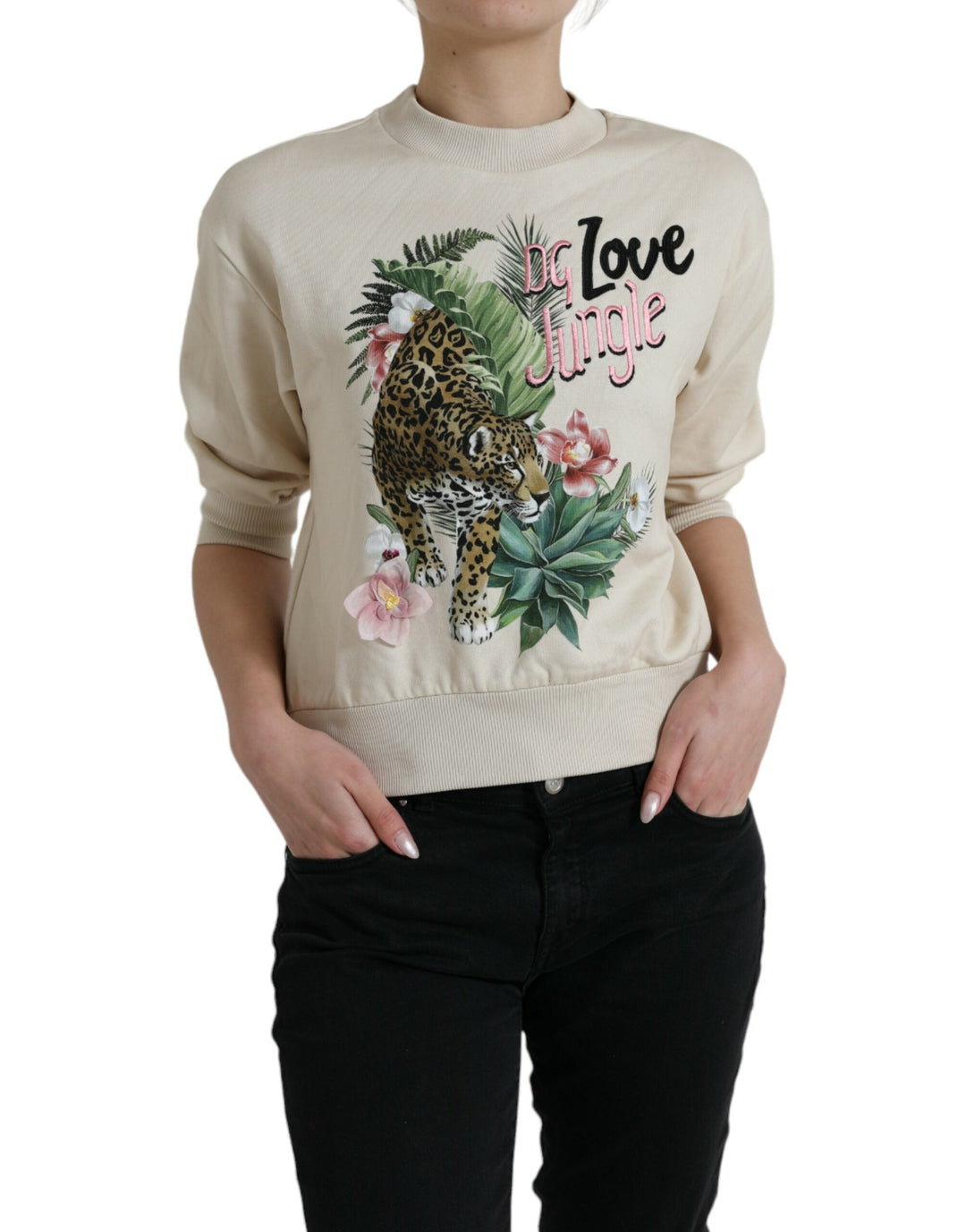 Women’s Dolce &amp; Gabbana Beige Jungle Printed Cotton Pullover Sweater
