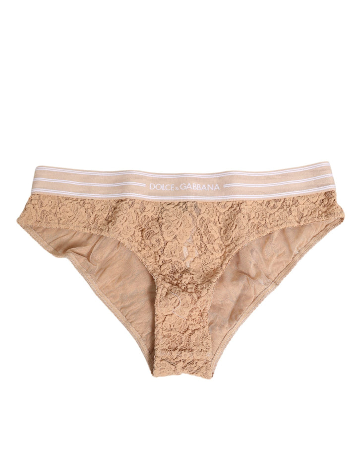 Women’s Dolce &amp; Gabbana Beige Lace Brasiliano Briefs Logo Waistband Underwear