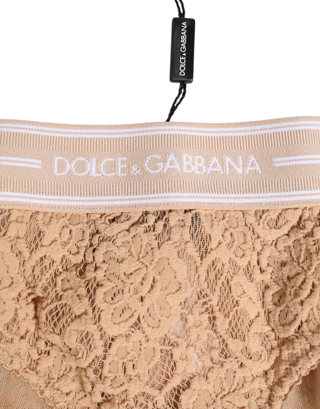 Women’s Dolce &amp; Gabbana Beige Lace Brasiliano Briefs Logo Waistband Underwear