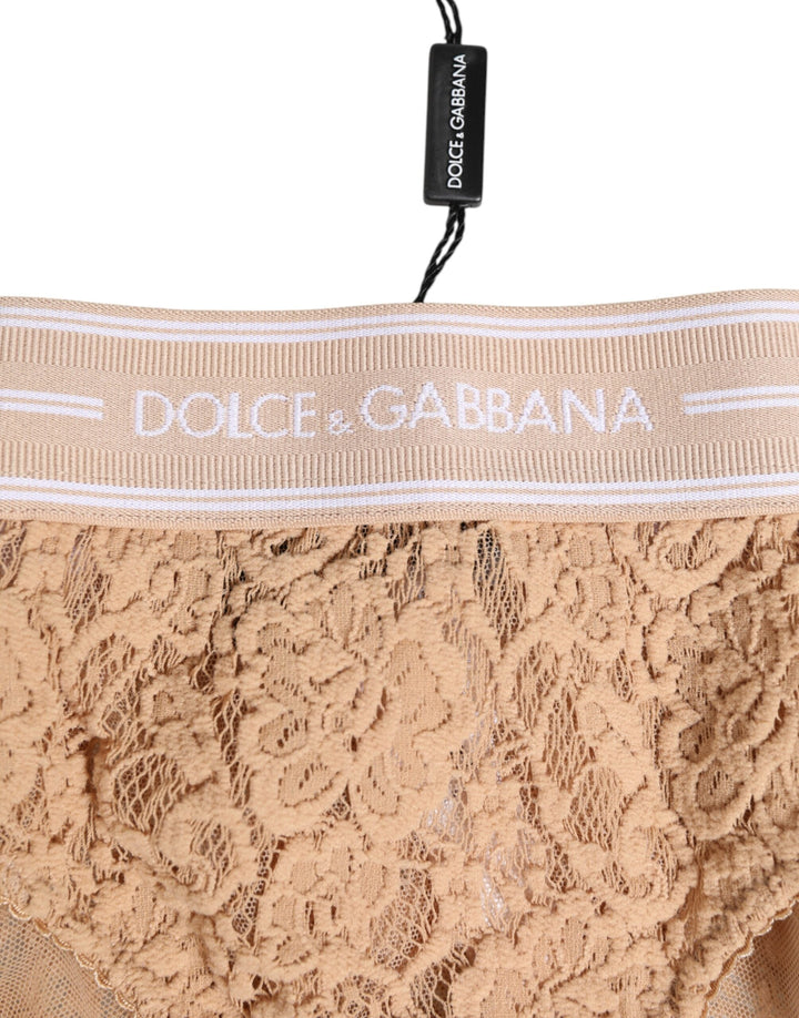 Women’s Dolce &amp; Gabbana Beige Lace Brasiliano Briefs Logo Waistband Underwear