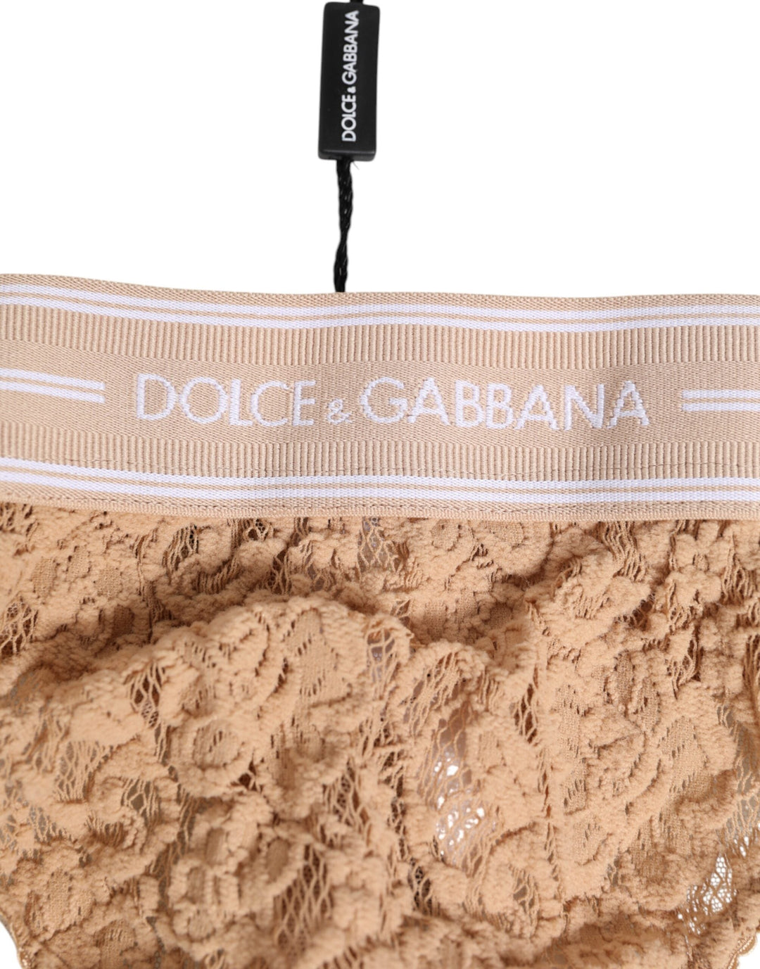 Women’s Dolce &amp; Gabbana Beige Lace Logo Elastic Waist Thong Tanga Underwear