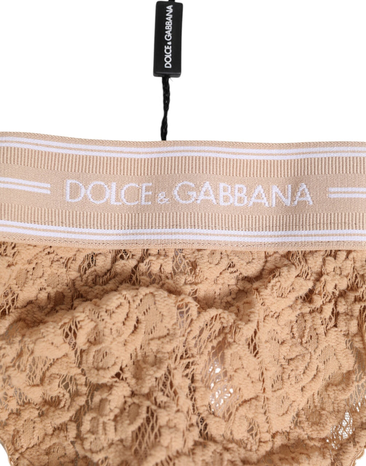 Women’s Dolce &amp; Gabbana Beige Lace Logo Elastic Waist Thong Tanga Underwear