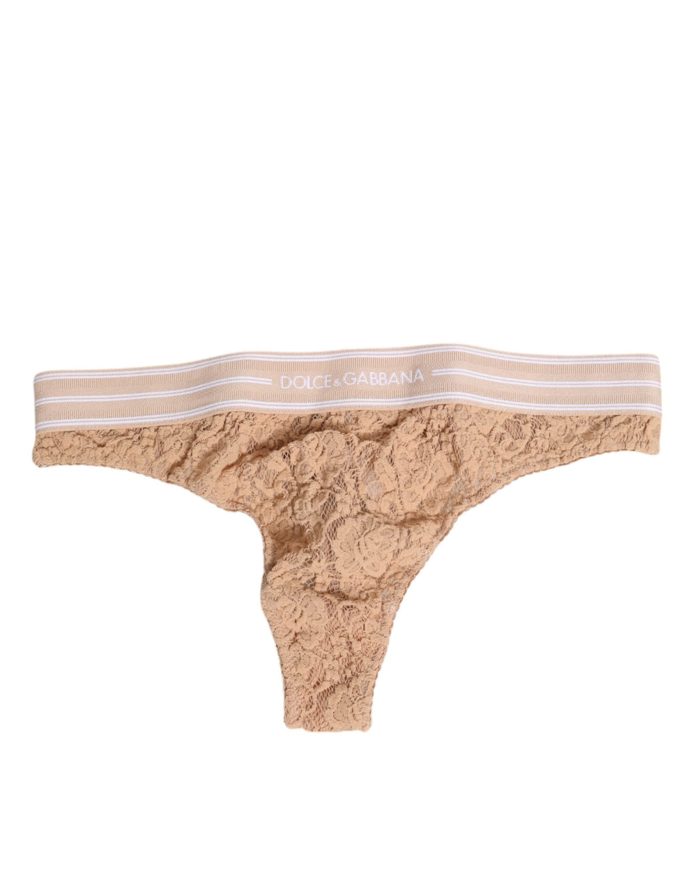 Women’s Dolce & Gabbana Beige Lace Logo Elastic Waist Thong Tanga Underwear