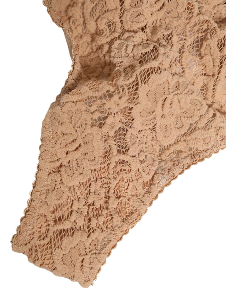 Women’s Dolce &amp; Gabbana Beige Lace Logo Elastic Waist Thong Tanga Underwear