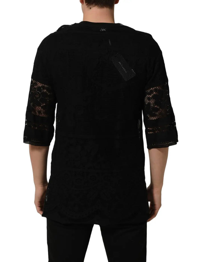 Women’s Dolce &amp; Gabbana Black Cotton Floral Lace Crew Neck T-shirt