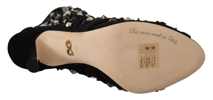 Women’s Dolce &amp; Gabbana Black Crystals Heels Zipper Short Boots Shoes