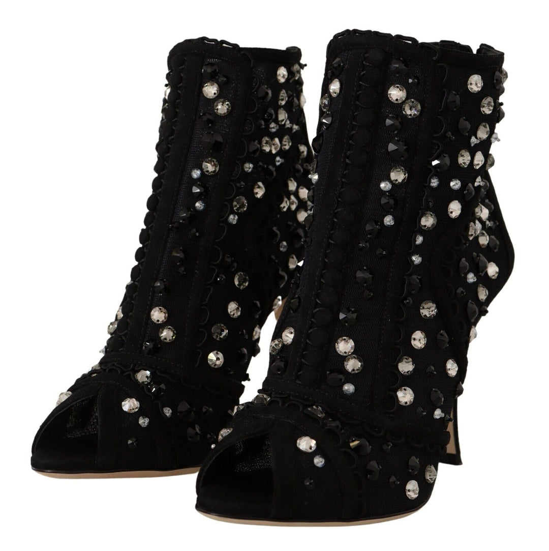 Women’s Dolce &amp; Gabbana Black Crystals Heels Zipper Short Boots Shoes