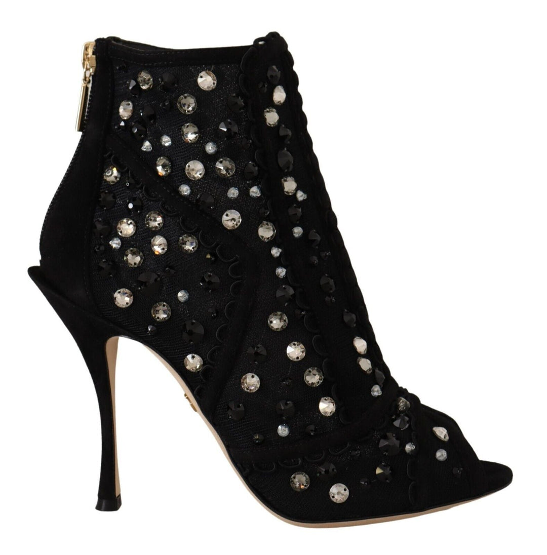 Women’s Dolce & Gabbana Black Crystals Heels Zipper Short Boots Shoes