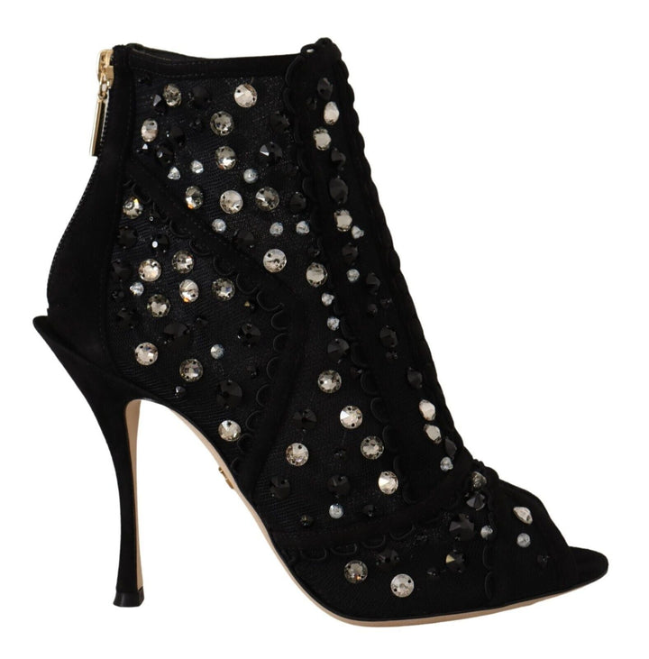 Women’s Dolce &amp; Gabbana Black Crystals Heels Zipper Short Boots Shoes