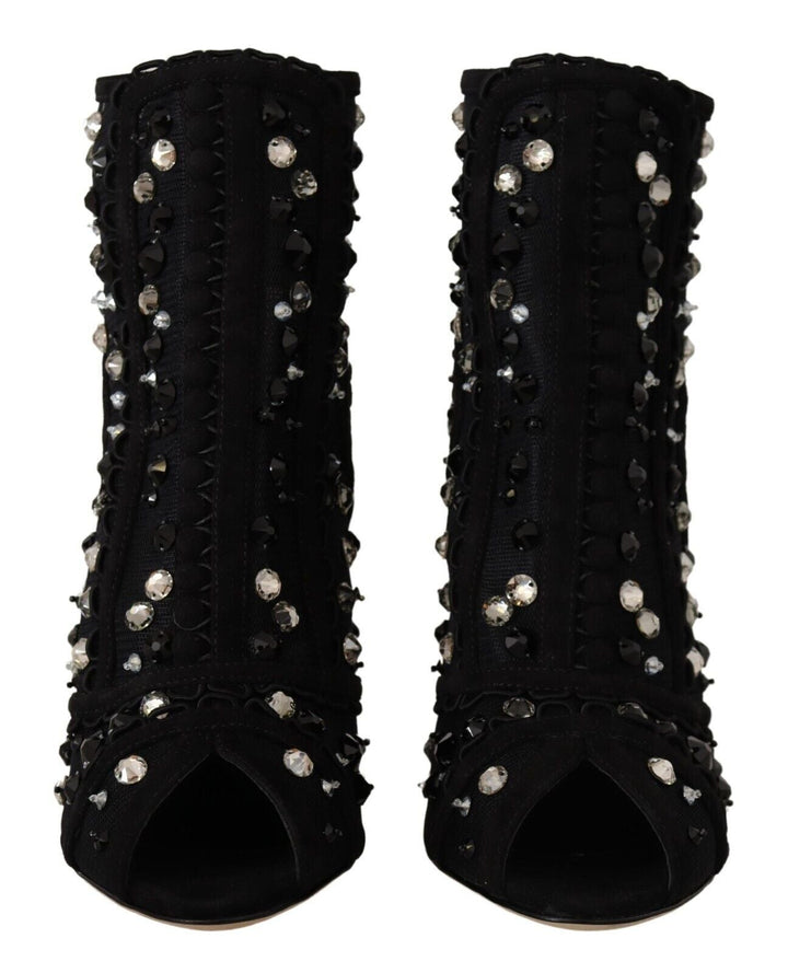 Women’s Dolce &amp; Gabbana Black Crystals Heels Zipper Short Boots Shoes