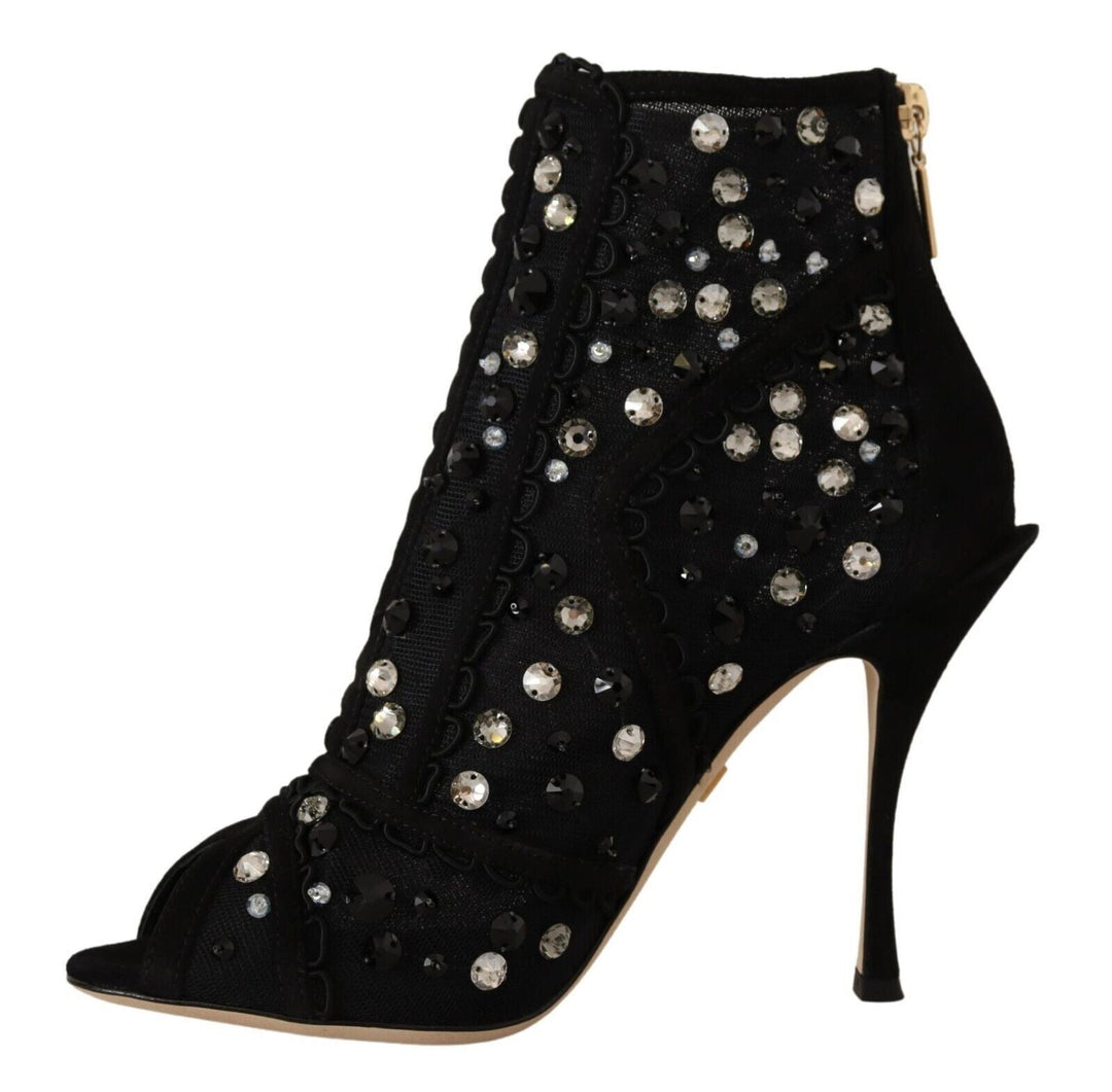 Women’s Dolce &amp; Gabbana Black Crystals Heels Zipper Short Boots Shoes