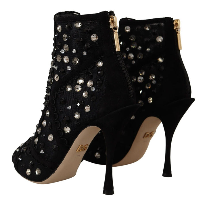 Women’s Dolce &amp; Gabbana Black Crystals Heels Zipper Short Boots Shoes