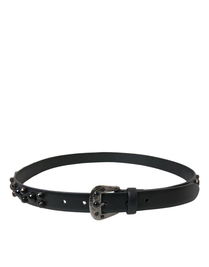 Women’s Dolce &amp; Gabbana Black Embellished Leather Engraved Buckle Belt