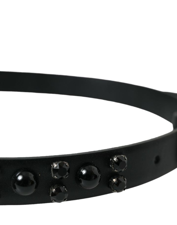 Women’s Dolce &amp; Gabbana Black Embellished Leather Engraved Buckle Belt